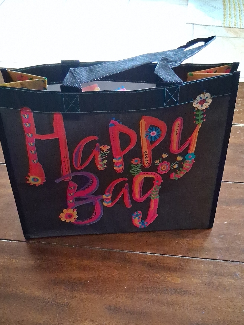 Natural Life Happy Bag Reusable Tote — Black with Bright Floral Lettering